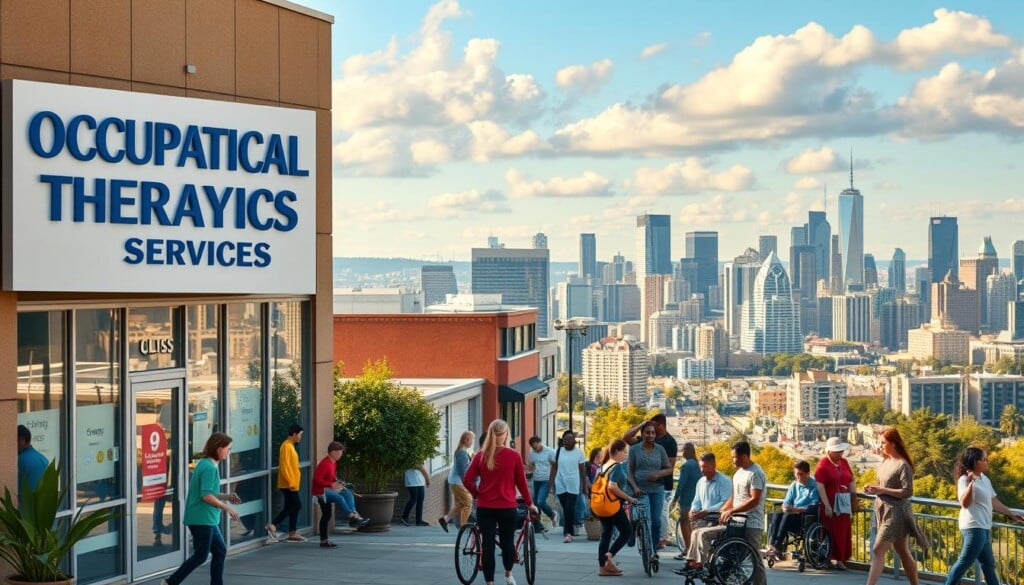 A vibrant cityscape bustling with activity, showcasing the diverse array of occupational therapy services available in the local community. In the foreground, a welcoming office building adorned with a prominent sign that reads "Occupational Therapy Services", inviting passersby to discover the life-changing treatments offered within. The middle ground features people of all ages and abilities engaging in various therapeutic activities, such as using assistive devices, participating in group sessions, and receiving one-on-one care from skilled practitioners. In the background, a panoramic view of the bustling city skyline, highlighting the accessibility and integration of these vital services within the urban landscape. The scene is bathed in warm, natural lighting, conveying a sense of hope, rehabilitation, and the empowerment of individuals to reclaim their independence and fulfillment.