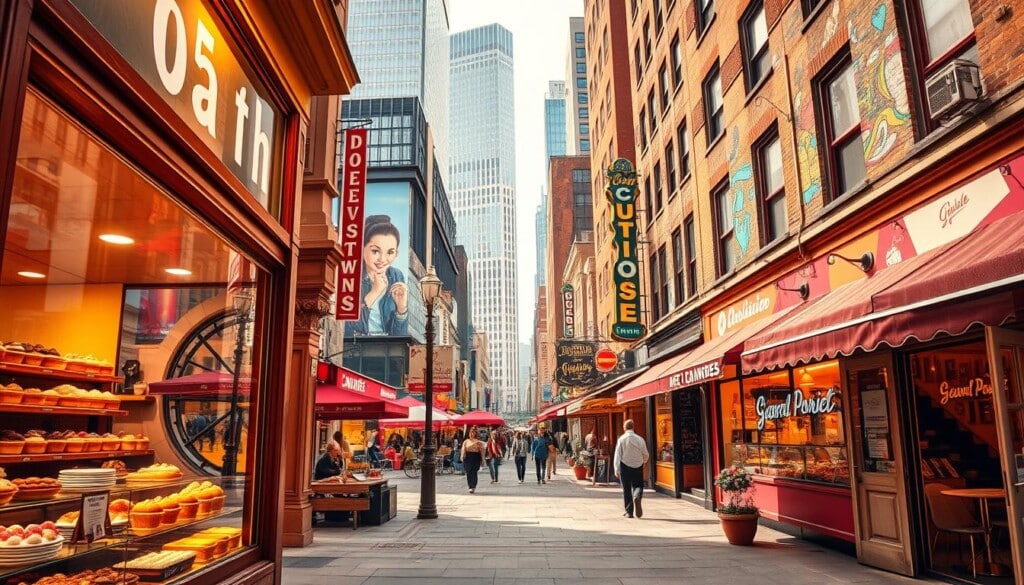 A vibrant cityscape comes alive, showcasing the diverse array of dessert shops beckoning passersby. In the foreground, a charming bakery window displays an enticing selection of freshly baked treats, the warm glow of its interior inviting exploration. Amidst the bustling streets, quaint cafes and cozy patisseries line the sidewalks, their whimsical signage and inviting facades hinting at the delectable delights within. The background is adorned with towering skyscrapers and vibrant murals, creating an energetic, metropolitan atmosphere. Warm, directional lighting casts a soft, golden hue, highlighting the alluring textures and colors of the desserts on display. A sense of discovery and anticipation permeates the scene, encouraging the viewer to embark on a sweet adventure through this delectable urban landscape.