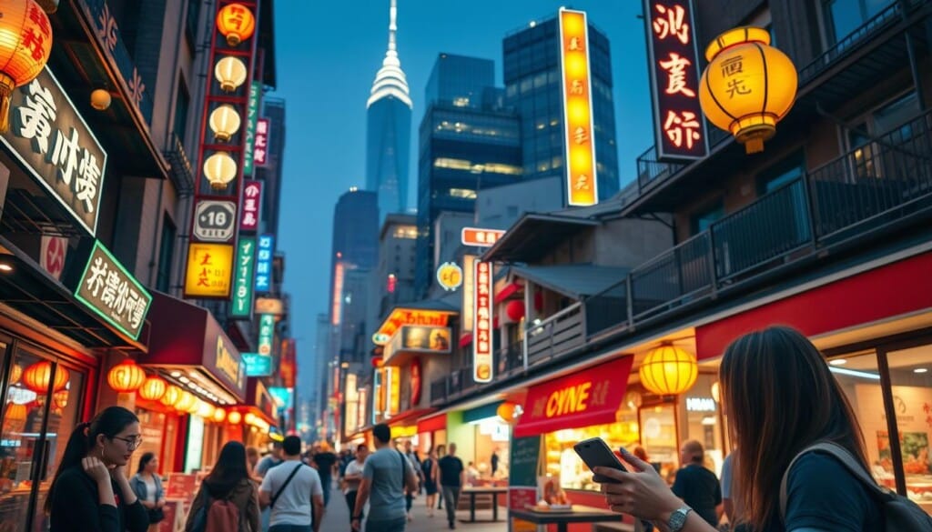 A vibrant cityscape of a bustling Asian-inspired neighborhood, with neon-lit storefronts, colorful lanterns, and the aroma of delectable cuisine wafting through the air. In the foreground, a group of friends exploring the area, their faces lit with excitement as they consult a sleek, intuitive app on their smartphones, navigating the array of tempting dining options. The middle ground features a diverse collection of authentic Asian eateries, each with its unique architectural style and inviting atmosphere. In the background, a towering skyscraper skyline, hinting at the dynamic, multicultural urban landscape. The scene is bathed in a warm, inviting glow, creating a sense of energy and discovery, reflecting the process of finding the best Asian restaurants with the help of a cutting-edge, user-friendly app.