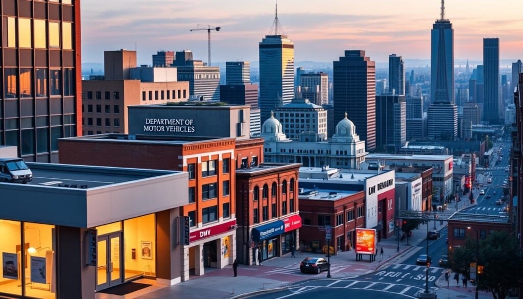 A vibrant cityscape showcasing the diverse locations of Department of Motor Vehicles offices. In the foreground, a modern, well-lit DMV facility with an inviting entrance and signage. The middle ground features a variety of DMV buildings, each with their own architectural styles, ranging from historical brick structures to sleek, contemporary designs. In the background, a bustling urban landscape with skyscrapers, transportation hubs, and pedestrians navigating the city. The scene is illuminated by a warm, golden-hour lighting, creating a welcoming and accessible atmosphere. The overall composition suggests the ease of finding and accessing local DMV services within the vibrant urban environment.