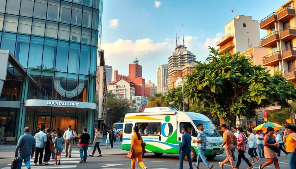 A vibrant cityscape showcasing the growth of local health services. In the foreground, a modern, eco-friendly medical clinic stands tall, its glass facade reflecting the bustling streets. Patients of diverse backgrounds enter and exit, illustrating the accessibility and inclusivity of these community-driven facilities. The middle ground features a bustling park, where a mobile health van offers free checkups and consultations, surrounded by residents engaged in wellness activities. In the background, a mix of traditional and contemporary architecture frames the scene, conveying the harmonious integration of traditional and innovative healthcare approaches. Warm, natural lighting bathes the entire scene, creating a welcoming and reassuring atmosphere.