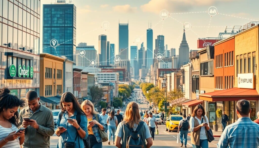 A vibrant cityscape showcasing the interconnectedness of hyperlocal digital platforms. In the foreground, a group of diverse individuals engage with their smartphones, navigating a seamless network of location-based services, community groups, and real-time information. The middle ground features a bustling main street, with storefronts and businesses integrated into a cohesive digital ecosystem, facilitating seamless transactions and instant access to local resources. In the background, a modern skyline dotted with skyscrapers and technological hubs, reflecting the integration of these hyperlocal platforms into the fabric of the urban landscape. Warm, natural lighting casts a inviting glow, emphasizing the sense of community and connectivity. The scene evokes a sense of convenience, accessibility, and the empowerment of local businesses and communities through the power of technology.