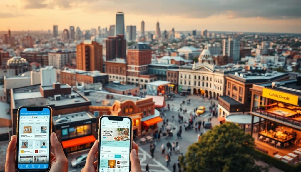 A vibrant cityscape teeming with hyperlocal digital platforms, capturing the intersection of technology and community. In the foreground, an array of intuitive mobile apps and websites showcasing nearby businesses, services, and events. Mid-frame, a bustling town square where residents engage with these platforms, sharing information and fostering connections. In the background, a skyline of smart buildings and infrastructure, hinting at the seamless integration of these hyperlocal solutions. Warm lighting and a sense of dynamism pervade the scene, reflecting the energy and potential of this emerging digital ecosystem. The overall impression is one of a thriving, hyper-connected local landscape, where technology empowers people to discover, connect, and support their immediate community.