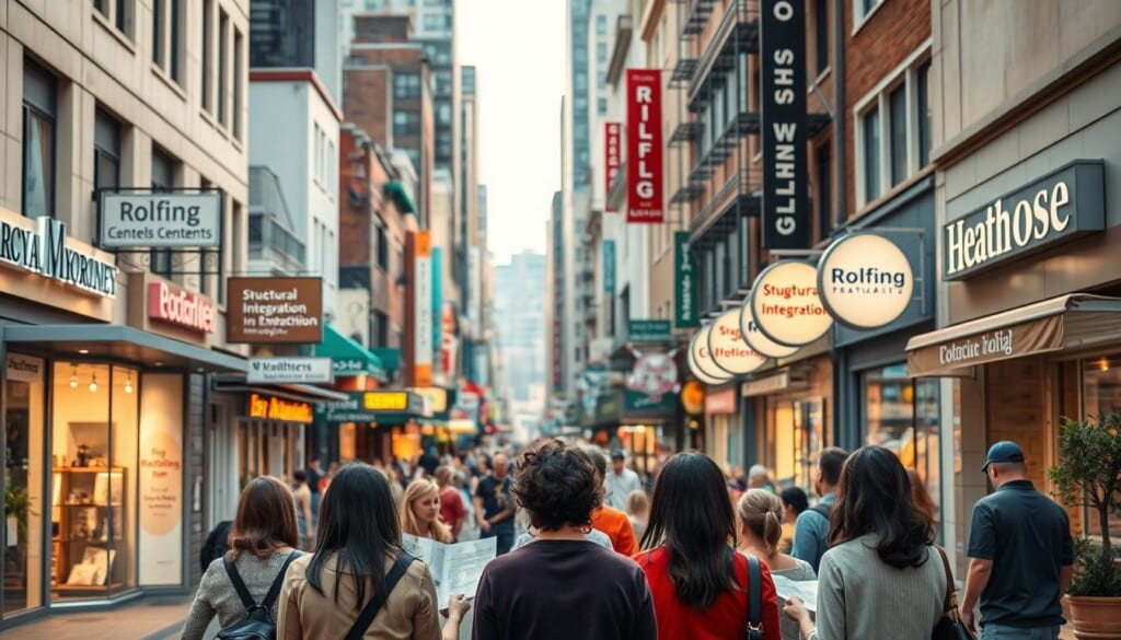 A vibrant cityscape with a bustling main street, where various wellness centers and practitioners come into focus. In the foreground, a group of people are gathered, consulting directories and maps, searching for the perfect Rolfing therapist. The middle ground showcases a diverse array of storefront signs, each highlighting "Rolfing" or "Structural Integration" services. The background features a mix of modern and vintage architectural styles, creating a sense of community and healthcare accessibility. Soft, warm lighting illuminates the scene, conveying a welcoming and rejuvenating atmosphere. The camera angle is slightly elevated, providing a comprehensive view of the urban landscape and the people engaged in their quest for Rolfing wellness.
