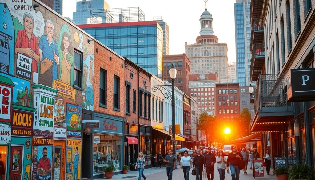 A vibrant cityscape with a bustling street scene, showcasing the diversity of local businesses. In the foreground, a colorful mural depicting a collage of local storefronts, signs, and community icons. In the middle ground, pedestrians strolling past independent shops, cafes, and artisanal vendors, creating a lively atmosphere. The background features a mix of modern and historic architecture, with a warm, golden hue from the setting sun casting a cozy, inviting glow. The scene radiates a sense of community, pride, and the importance of supporting local economies.