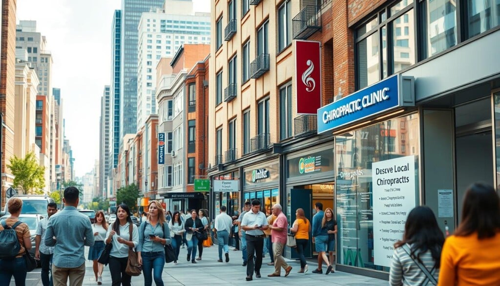 A vibrant cityscape with a bustling urban street, featuring a row of professional office buildings. In the foreground, a group of people are standing outside a chiropractic clinic, engaged in conversation and examining directories or maps. The clinic's signage is clearly visible, inviting passersby to discover local chiropractors. The midground showcases a diverse array of pedestrians, some with smartphones in hand, searching for nearby healthcare options. The background is filled with an array of architectural styles, hinting at the diverse community. The scene is illuminated by a warm, natural lighting, conveying a sense of approachability and accessibility.