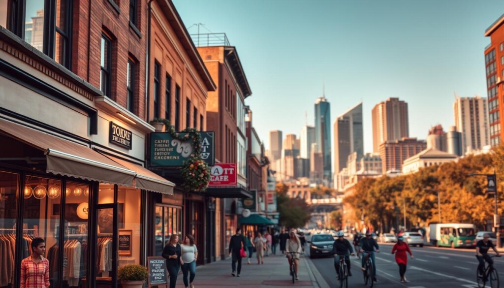A vibrant cityscape with thriving local businesses, each a success story of community development. In the foreground, a row of well-lit storefronts showcase diverse enterprises - a cozy café, a boutique clothing shop, a lively art gallery. The middle ground features bustling pedestrians and cyclists, the energy of a thriving urban hub. In the background, a modern skyline of skyscrapers and towers, a testament to the growth and prosperity of this community. Warm, golden lighting casts a inviting glow, while a subtle depth of field creates a sense of depth and dimension. The overall mood is one of optimism, highlighting the impact of community-driven initiatives and the power of local businesses to transform lives.