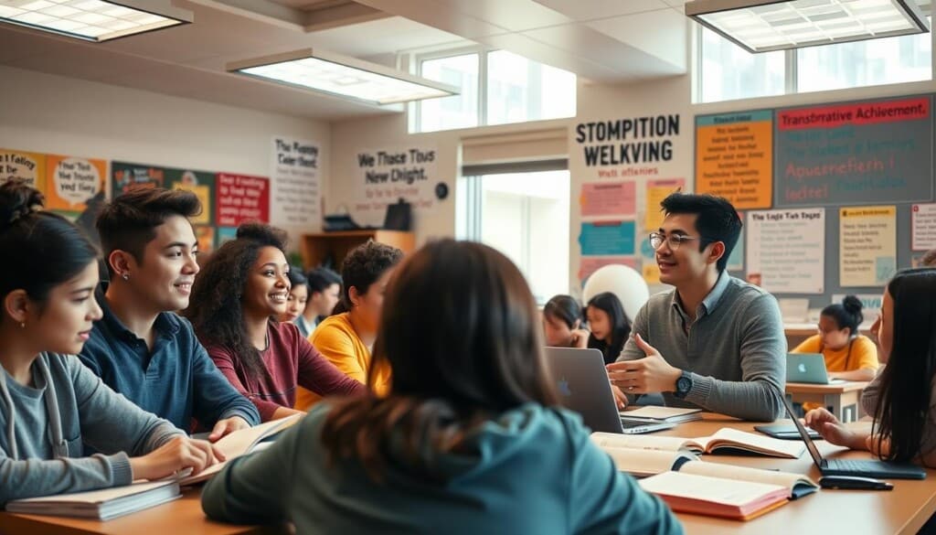 A vibrant classroom filled with engaged students, their faces alight with intellectual curiosity. In the foreground, a group of students collaborating at a table, their textbooks and laptops creating a dynamic study scene. The middle ground showcases a teacher gesturing passionately, guiding the class through a lesson. Warm, diffused lighting filters in through large windows, casting a soft, inspiring glow over the entire space. The background features a wall adorned with inspiring motivational quotes and student artwork, reflecting the transformative learning experiences happening within. The overall atmosphere is one of academic achievement, student empowerment, and a shared sense of purpose.