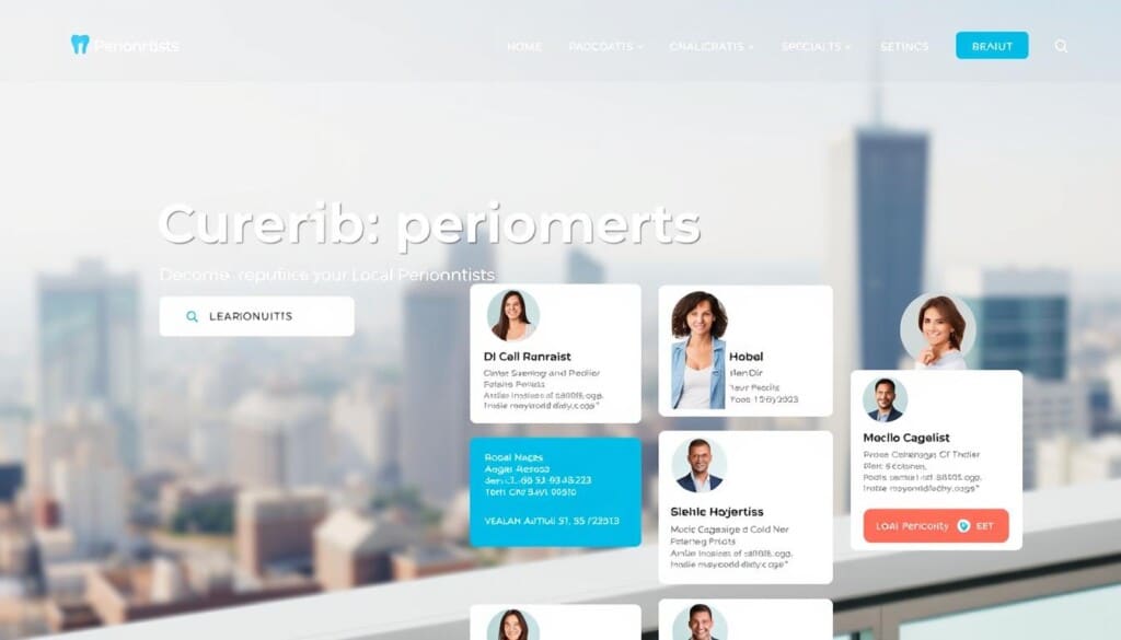A vibrant, clean-looking webpage displaying a curated collection of local periodontists, with a modern, minimalist design. In the center, prominent cards showcase the profiles of reputable dental specialists, including their qualifications, specialties, and contact information. The background features a soft, blurred cityscape, conveying a sense of the local community. The lighting is bright and natural, creating a welcoming atmosphere. The overall composition is balanced, with a clear hierarchy of information and intuitive navigation, making it easy for users to find the right periodontist for their needs.
