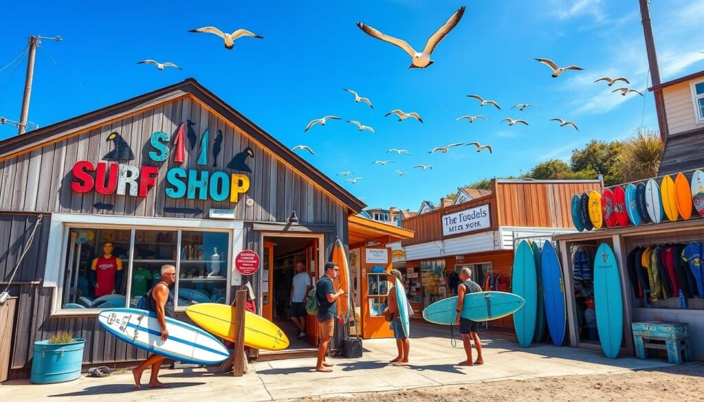 A vibrant coastal scene showcases a local surf shop, its weathered wooden facade adorned with vibrant surf decals. Surfers carrying their boards pause outside, chatting with the shop owner. Colorful wetsuits, boards, and accessories fill the windows, inviting passersby to explore the curated selection. Overhead, seabirds soar against a brilliant azure sky, capturing the free-spirited essence of the surf culture. Warm sunlight bathes the scene, creating a welcoming atmosphere that encourages visitors to support this authentic, community-driven business.