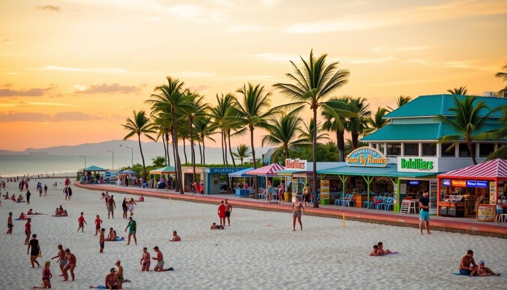 A vibrant coastal scene with a serene beach as the focal point. In the foreground, a group of people engaged in various recreational activities such as swimming, sunbathing, and playing beach sports. The middle ground features a boardwalk lined with colorful cabanas, food vendors, and interactive displays showcasing local culture and services. In the background, a picturesque sunset paints the sky with warm hues, complementing the lush palm trees and sandy dunes. The lighting is soft and natural, creating a welcoming and relaxing atmosphere. The camera angle is slightly elevated, capturing the breadth of the scene and highlighting the seamless integration of the beach experience with the surrounding amenities and local charm.
