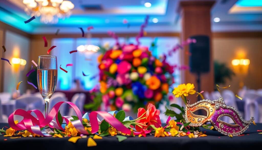 A vibrant, cohesive event theme with a visually striking aesthetic. In the foreground, an artistic arrangement of stylized event icons and symbols - a champagne flute, confetti, ribbon, and a decorative mask. The middle ground showcases a lush, colorful floral display, artfully cascading across the scene. In the background, a blurred, softly-lit venue space with a warm, inviting ambiance, hinting at the celebratory atmosphere. The overall mood is one of joyful anticipation, perfect for capturing the essence of defining an event's purpose and theme.