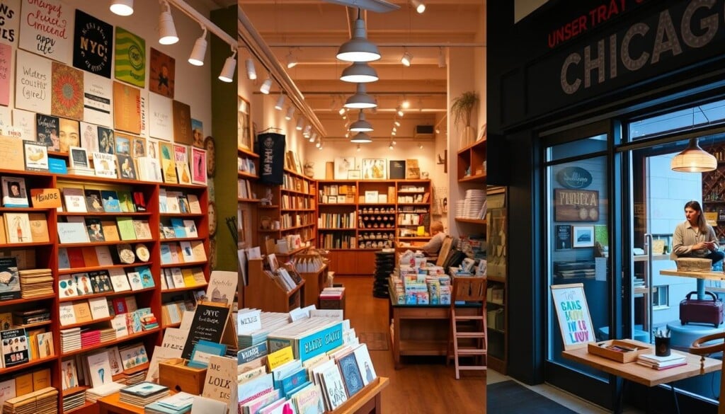 A vibrant collage depicting the top card shops in major U.S. cities. In the foreground, a quaint, independent NYC card store showcases a diverse array of unique greeting cards, vintage postcards, and artisanal stationery. The mid-ground features a bustling LA shop with a sleek, modern interior, brimming with eclectic card designs. In the background, a charming Chicago card boutique stands out with its cozy, rustic ambiance and handcrafted paper goods. Warm, diffused lighting casts a welcoming glow, capturing the distinct character and appeal of these local card havens. The overall composition conveys a sense of discovery, inviting the viewer to explore these hidden gems of the stationery world.
