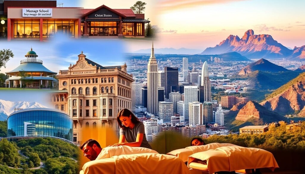 A vibrant collage depicting the top massage schools in the United States. In the foreground, a group of students participate in a hands-on massage session, showcasing the practical training offered at these institutions. The middle ground features the iconic exteriors of renowned massage schools, each with a distinct architectural style that reflects their regional influences. In the background, a panoramic view of bustling city skylines and serene natural landscapes, highlighting the diverse locations of these educational hubs. The lighting is warm and inviting, creating a calming atmosphere that embodies the essence of the massage profession. The composition is balanced, guiding the viewer's eye through the various elements that make these schools the best in the nation.
