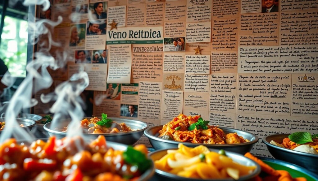 A vibrant collage of Venezuelan restaurant reviews, capturing the diverse culinary landscape. In the foreground, crisp close-ups of steaming dishes, vibrant colors, and tantalizing textures. The middle ground features a mosaic of handwritten notes, star ratings, and enthusiastic customer testimonials, all set against a backdrop of warm, earthy tones that evoke the rich heritage of Venezuelan cuisine. The lighting is soft and natural, evoking a cozy, inviting atmosphere. The composition is dynamic, with a subtle sense of depth and movement, drawing the viewer's eye through the layers of the image.
