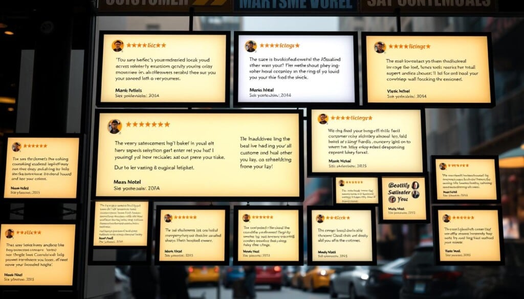 A vibrant collage of customer testimonials, displayed on sleek, high-resolution digital screens arranged in a modern, minimalist layout. The screens showcase positive reviews, ratings, and heartfelt messages from satisfied customers, illuminated by soft, warm lighting that creates a welcoming atmosphere. The background features a subtle, blurred cityscape, hinting at the thriving local businesses that rely on these customer success stories to attract new clients. The overall composition conveys a sense of trust, credibility, and a commitment to customer satisfaction that aligns with the article's subject and section title.
