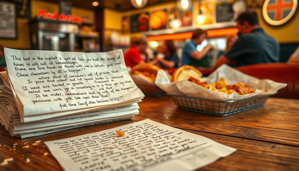 A vibrant collage of handwritten customer reviews on classic greasy paper, showcasing varied opinions on the city's beloved cheesesteaks. The foreground features a stack of crumpled notes filled with enthusiastic praise and mild critiques, captured in a warm, natural lighting. The middle ground depicts a rustic wooden table with stray sesame seeds and crumbs, hinting at the authentic diner ambiance. In the background, glimpses of a bustling kitchen and patrons engrossed in their hearty meals create an immersive, mouthwatering atmosphere. The overall mood is one of community, passion, and the local pride surrounding this iconic culinary staple.