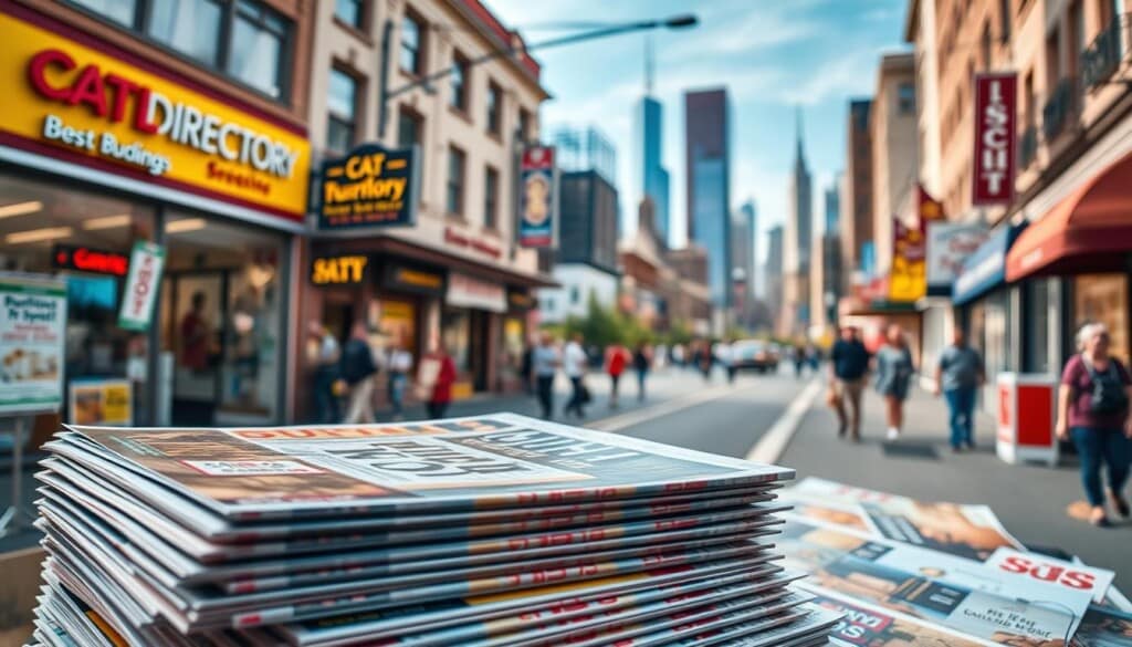 A vibrant collage of local business directories, showcasing a diverse array of companies and services. In the foreground, a stack of neatly organized directories, each with a distinct cover design, capturing the essence of the local community. The middle ground features a bustling street scene, with storefronts, signage, and pedestrians, conveying the energy and liveliness of the neighborhood. In the background, a cityscape of skyscrapers and landmarks, providing a sense of context and scale. The lighting is warm and inviting, creating a welcoming atmosphere that reflects the importance of these local business resources. Captured through the lens of a wide-angle camera, the image presents a comprehensive view of the local directory's role in the community.
