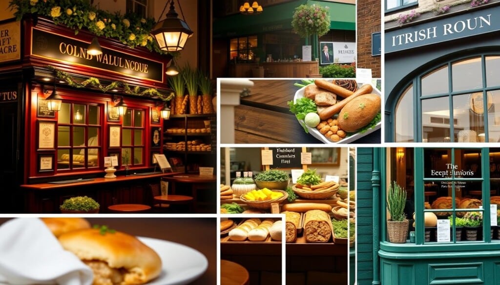 A vibrant collage of popular Irish food spots, showcasing the rich culinary heritage of the Emerald Isle. In the foreground, a cozy pub with a warm, inviting atmosphere, its wooden facade illuminated by the soft glow of gas lamps. In the middle ground, a bustling farmer's market overflowing with fresh produce, artisanal breads, and the aroma of sizzling sausages. In the background, a quaint Irish restaurant, its window displays tempting dishes like shepherd's pie, corned beef and cabbage, and decadent desserts. The overall scene is bathed in a golden, natural light, capturing the inviting and comforting essence of traditional Irish cuisine.