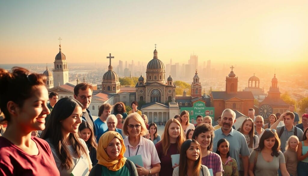 A vibrant collage of religious non-profit organizations, set against a warm, sunlit backdrop. In the foreground, a tapestry of diverse volunteers engaged in acts of service, their expressions radiating compassion. The middle ground features the iconic buildings and symbols of prominent faith-based charities, their architectural details meticulously rendered. In the distance, a panoramic view of a bustling city skyline, representing the far-reaching impact of these organizations. The lighting is soft and diffused, creating an atmosphere of tranquility and purpose. The overall composition conveys a sense of unity, community, and the profound commitment to supporting those in need through the lens of faith-based initiatives.