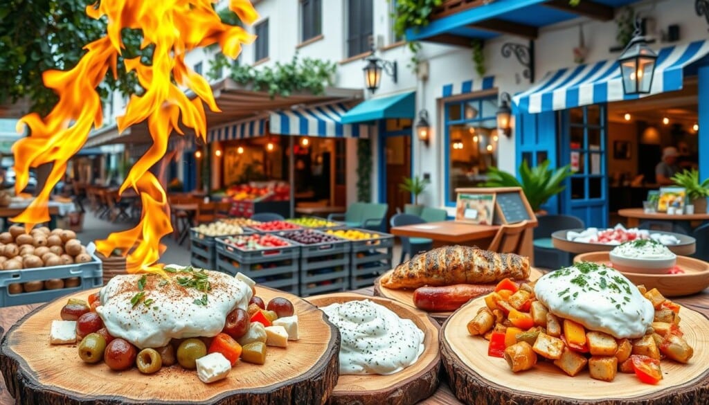 A vibrant collage of the most iconic Greek food spots in major US cities, captured in a crisp, high-resolution photograph. The foreground features a tantalizing display of classic dishes - flaming saganaki, fragrant souvlaki, and creamy tzatziki, all artfully arranged on rustic wooden platters. In the middle ground, bustling open-air markets overflow with crates of ripe olives, fresh feta, and vibrant produce, evoking the vibrant energy of Greece. The background showcases the facades of charming Greek-inspired restaurants, adorned with hanging vines, bright blue accents, and the warm glow of lanterns, inviting the viewer to step inside and savor the authentic flavors of the Mediterranean.
