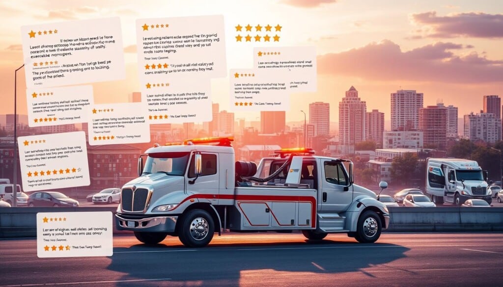 A vibrant collage of towing company reviews, showcasing a diverse array of customer experiences. In the foreground, a collection of testimonials and star ratings float against a soft, diffused background, conveying a sense of transparency and trust. The middle ground features a sleek, modern tow truck in action, captured in a warm, cinematic lighting that highlights its efficient capabilities. In the background, a cityscape dotted with various towing service providers sets the scene, hinting at the wide network of reliable assistance available. The overall composition radiates a reassuring atmosphere, inviting the viewer to explore the role of reviews in the towing industry.