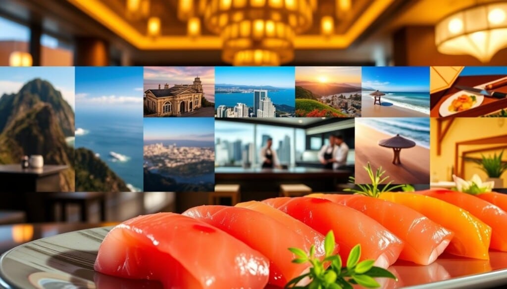 A vibrant collage showcasing the best sushi restaurants across different regions of the USA. In the foreground, a delicate sashimi platter with glistening slices of tuna, salmon, and yellowtail arranged in an artful display. The middle ground features sleek, modern sushi bars with chefs skillfully crafting intricate rolls, complemented by elegant Japanese-inspired decor. In the background, scenic landscape vignettes representing diverse regional influences - the rugged coastline of the Pacific Northwest, the bustling cityscapes of the East Coast, and the sun-drenched shores of the South. Warm, natural lighting casts a subtle glow, evoking a refined, appetizing atmosphere. The image should convey a sense of culinary excellence, regional diversity, and the artistry of exceptional sushi establishments across the United States.