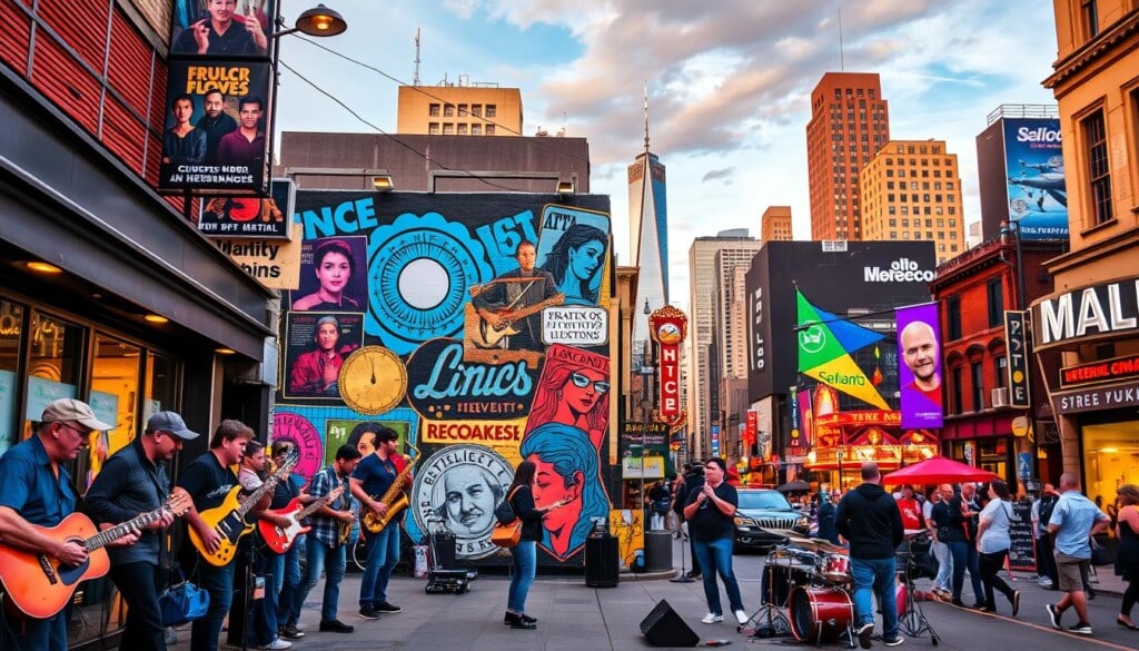 A vibrant collage showcasing the diverse regional music scenes across the United States. In the foreground, a lively street corner with buskers playing guitars, saxophones, and drums, their soulful melodies filling the air. In the middle ground, a colorful mural depicts iconic album covers and concert posters, representing the rich musical heritage of the local community. In the background, a bustling cityscape with towering skyscrapers and neon-lit venues, highlighting the dynamic urban settings that nurture these thriving music cultures. Warm lighting casts a golden glow, evoking a sense of energy and creativity. Captured with a wide-angle lens to encompass the multifaceted nature of these regional music scenes.