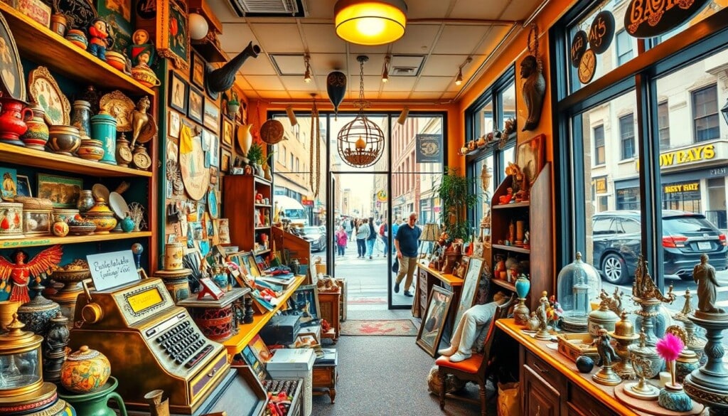 A vibrant collage showcasing the diverse world of collectible stores. In the foreground, a vintage cash register and shelves filled with an eclectic array of trinkets, antiques, and curiosities. The middle ground features a cozy, well-lit interior with warm, inviting lighting, highlighting the store's character. In the background, through large windows, a bustling city street is visible, reflecting the lively urban setting. The overall atmosphere is one of discovery and exploration, inviting the viewer to step inside and uncover unique finds. A sense of nostalgia and wonder permeates the scene, capturing the essence of the quintessential collectible store experience.