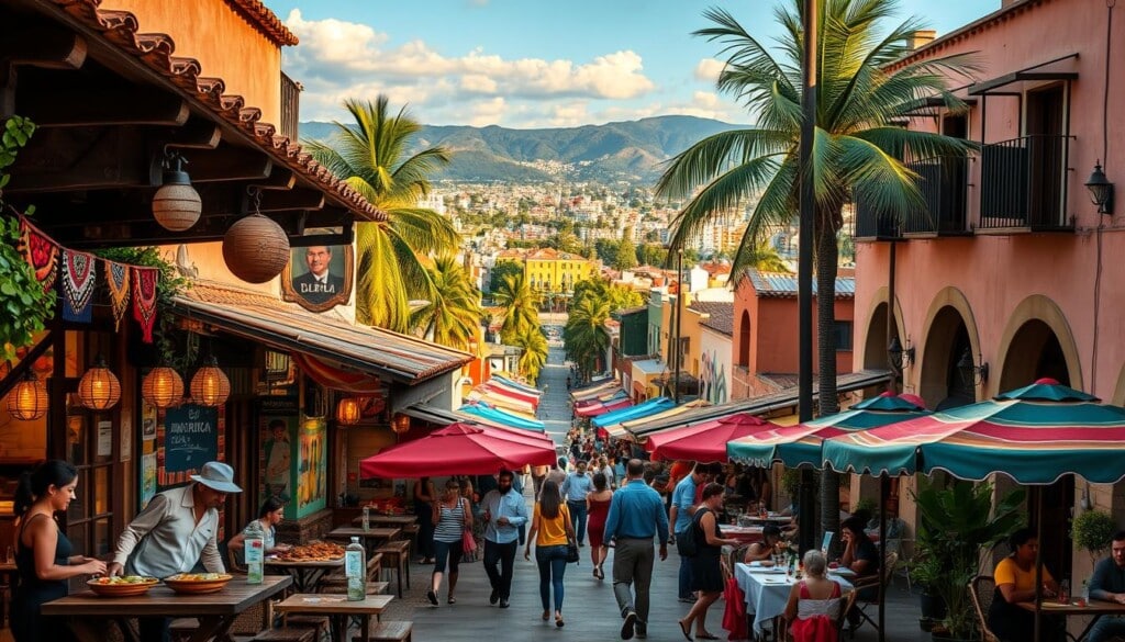 A vibrant collection of Latin American restaurants, each a culinary oasis of authentic flavors. In the foreground, a bustling open-air eatery with rustic wood furnishings and vibrant textiles. Servers carry fragrant dishes of sizzling fajitas, steaming tamales, and vibrant ceviche. In the middle ground, a lively street scene with colorful murals, samba rhythms, and the aroma of spices wafting through the air. In the background, a cityscape of towering palm trees and sun-drenched stucco buildings. Warm, golden lighting casts a cozy glow, inviting diners to savor the delights of Latin American cuisine.