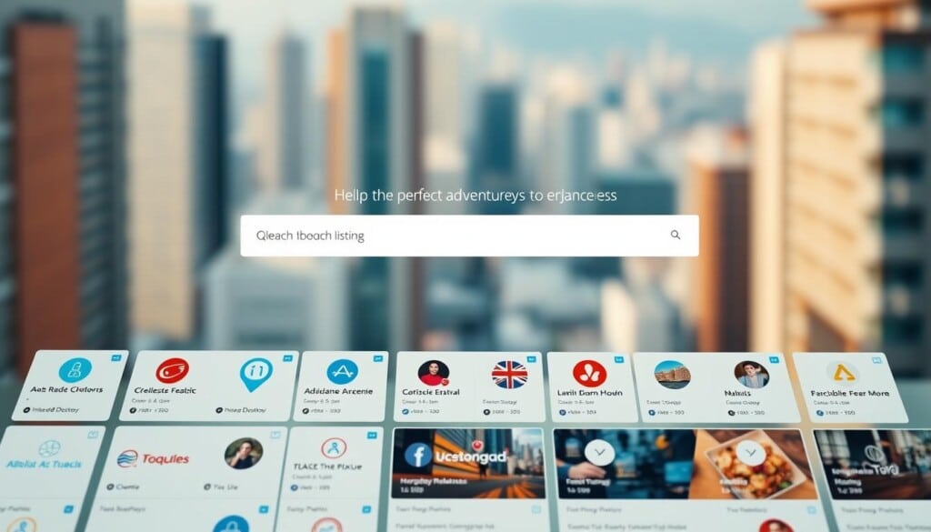 A vibrant collection of business listings, presented in a clean and organized digital interface. The foreground features a grid of sleek, minimalist company profiles, each showcasing a distinctive logo, company name, and a brief description. The middle ground highlights a prominent search bar, allowing users to effortlessly navigate the directory. In the background, a soft, blurred cityscape sets the stage, evoking a sense of urban dynamism and opportunity. The overall mood is one of professionalism, efficiency, and a commitment to helping adventurers discover the perfect businesses to enhance their experiences. Lighting is soft and natural, with a slightly cinematic quality, and the camera angle is slightly elevated, providing a comprehensive view of the digital landscape.