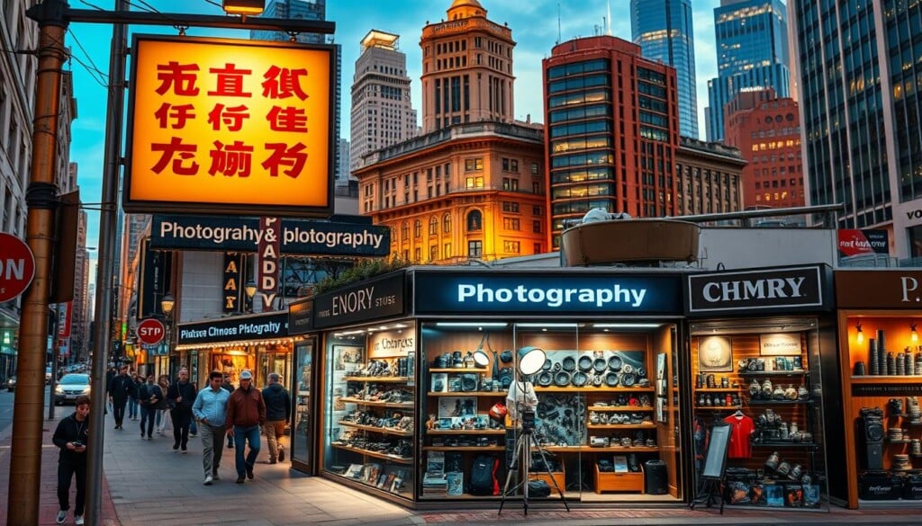 A vibrant collection of photography stores showcased across different regions, each with its unique ambiance and offerings. A prominently displayed store sign in the foreground, its design and typeface reflecting the local aesthetic. Behind it, a bustling streetscape with pedestrians and cars, suggesting a thriving commercial district. In the middle ground, various storefront displays featuring the latest camera gear, lighting equipment, and accessories. The background captures the architectural diversity of the region, from historic buildings to modern skyscrapers, creating a visually striking cityscape. Warm lighting casts a cozy glow, and the overall scene exudes a sense of energy and excitement for the world of photography.