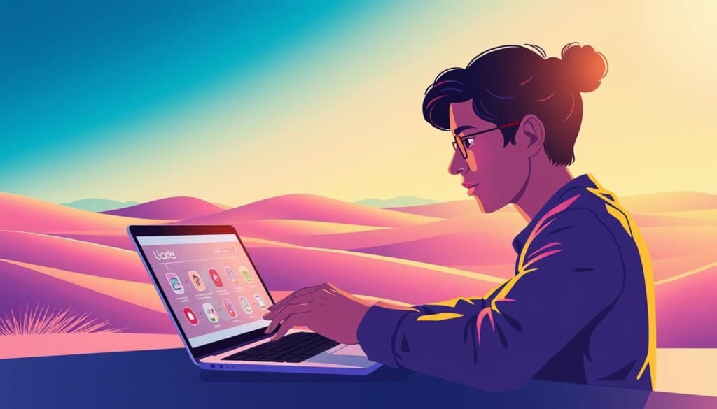 A vibrant, colorful illustration depicting the user experience journey. In the foreground, a person interacts with a sleek, modern user interface on a laptop, their face alight with concentration. The middle ground features a series of intuitive icons and interactive elements, guiding the user through a seamless flow. In the background, a minimalist landscape with clean lines and a serene color palette, conveying a sense of elegance and simplicity. Soft, diffused lighting illuminates the scene, creating a warm and inviting atmosphere. The overall composition emphasizes the importance of intuitive design, user-centric thinking, and a delightful, frictionless experience.