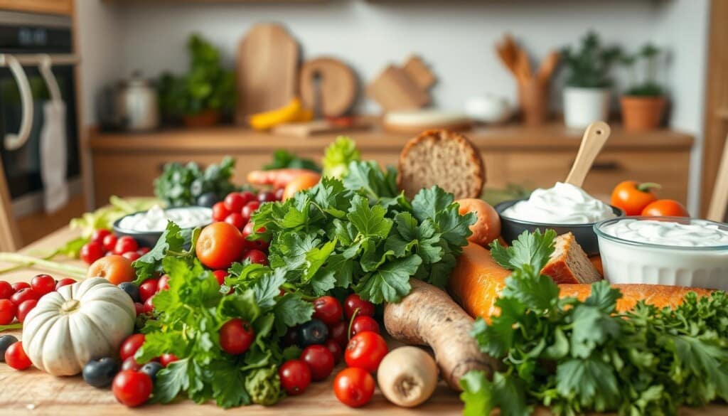 A vibrant, colorful still life showcasing the health benefits of Scandinavian cuisine. In the foreground, an assortment of fresh produce including crisp greens, vibrant berries, and hearty root vegetables. In the middle ground, an array of Scandinavian staples like freshly baked rye bread, smoked salmon, and creamy skyr yogurt. The background features a warm, natural-lit Scandinavian kitchen, with wooden accents and minimalist decor, evoking a sense of hygge. The lighting is soft and diffused, creating a cozy, inviting atmosphere. The composition is balanced and visually appealing, highlighting the nutrient-dense and wholesome nature of Scandinavian fare.