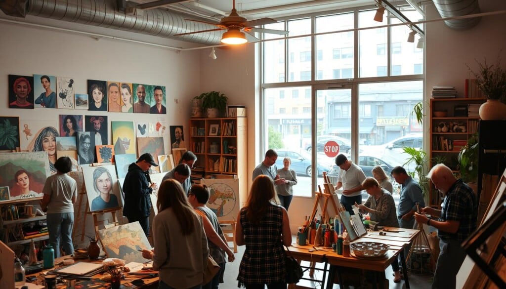 A vibrant community art center, a hub of creativity and collaboration. In the foreground, a group of artists gathered around a shared workspace, immersed in their crafts - painting, sketching, sculpting. Warm lighting casts a cozy, inviting glow, encouraging open exchange of ideas. In the middle ground, a diverse array of art supplies and tools neatly arranged, reflecting the wide range of artistic mediums celebrated here. The background reveals large windows overlooking a bustling urban street, a constant source of inspiration for the community. An atmosphere of camaraderie, passion, and a deep appreciation for the transformative power of art.