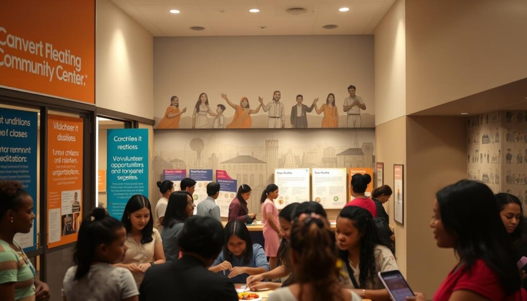 A vibrant community center bustling with activity, its entryway adorned with eye-catching signage promoting various engagement initiatives. In the foreground, a group of diverse individuals enthusiastically participating in a hands-on workshop, their faces alight with curiosity and collaboration. The middle ground showcases informative displays highlighting the center's programs, from educational classes to volunteer opportunities, all set against a warm, inviting atmosphere. In the background, a mural depicting scenes of unity and shared purpose spans the walls, casting a sense of inclusivity and civic pride. Soft, diffused lighting illuminates the space, creating a welcoming and engaging atmosphere that captures the essence of community engagement.