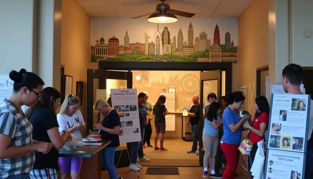A vibrant community center bustling with activity, the front entrance illuminated by warm, natural lighting. In the foreground, a group of volunteers enthusiastically coordinate a pet grooming fundraiser, grooming furry companions with care. The middle ground features an informative display showcasing the organization's mission and upcoming events, drawing the attention of passersby. In the background, a mural depicting local landmarks and community landmarks sets the scene, conveying a sense of local pride and engagement. The overall atmosphere exudes a welcoming, lively, and inclusive spirit, reflecting the heart of this community-driven initiative.
