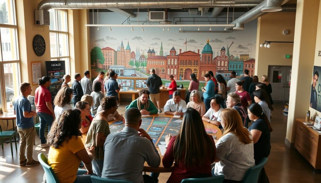 A vibrant community center bustling with local engagement. In the foreground, a diverse group of people gathered around a circular table, engaged in lively discussion. Warm, natural lighting filters through large windows, creating a welcoming atmosphere. In the middle ground, an interactive display showcases community events and initiatives. The background features a mural depicting the rich tapestry of the neighborhood, its landmarks, and cultural heritage. The overall scene conveys a sense of collaboration, inclusivity, and pride in the LocalZ community.