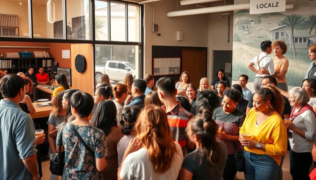 A vibrant community center buzzing with activity, where LocalZ stylists engage with locals through interactive workshops. A warm, inviting storefront with large windows showcasing a team of talented hairstylists, hands deftly styling models' locks as onlookers watch in fascination. In the foreground, a group of diverse community members - young and old, chatting animatedly while sipping drinks. The middle ground features an open, airy space filled with natural light, where stylists demonstrate cutting-edge techniques to an attentive audience. In the background, a mural depicting scenes of local life, adding a touch of artistic flair to the scene. The overall atmosphere conveys a sense of connection, creativity, and LocalZ's commitment to empowering their community.