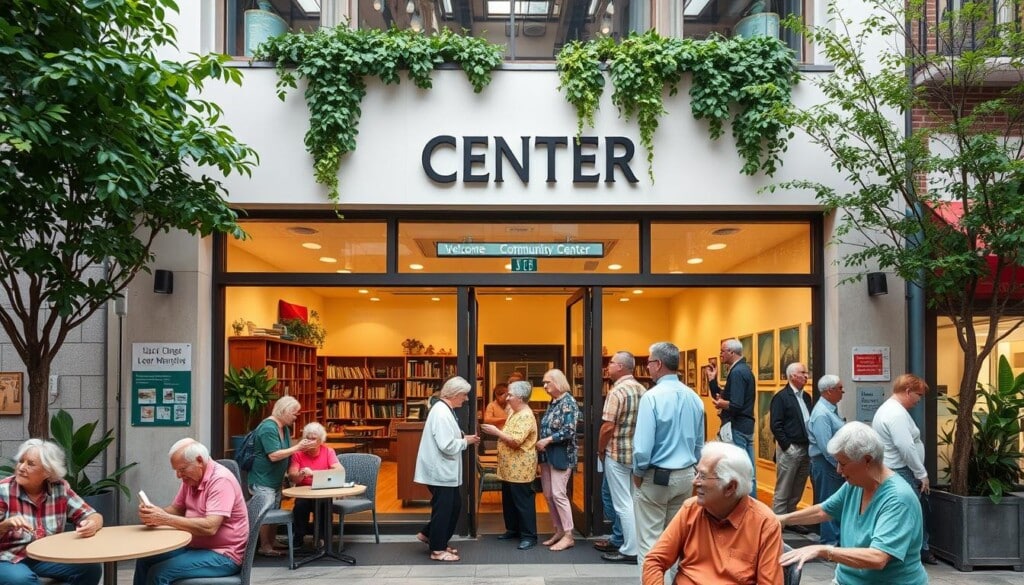 A vibrant community center, its facade adorned with a welcoming sign and lush greenery, stands at the heart of a bustling city neighborhood. Inside, seniors gather, their faces alight with warmth and camaraderie, as they engage in a variety of activities - from lively discussions in a cozy reading nook to gentle exercise classes in a sunlit fitness studio. The space is designed with their needs in mind, offering a range of support services, from healthcare consultations to financial planning seminars, all within easy reach. The overall atmosphere conveys a sense of belonging, where seniors can find the resources, companionship, and care they need to thrive in their local community.