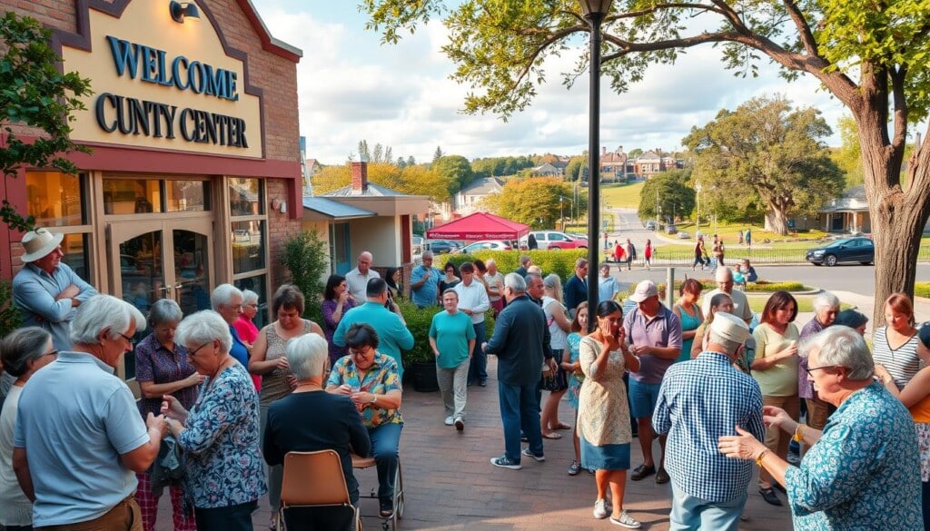 A vibrant community center, its facade adorned with warm lighting and welcoming signage. In the foreground, residents of all ages engage in lively discussions, sharing ideas and forming meaningful connections. The middle ground showcases an inclusive array of activities, from a knitting circle to a dance class, capturing the spirit of togetherness. The background reveals a bustling neighborhood, with trees lining the streets and a picturesque park in the distance, creating a sense of tranquility and belonging. The scene is captured with a wide-angle lens, emphasizing the expansive and interconnected nature of this thriving community.