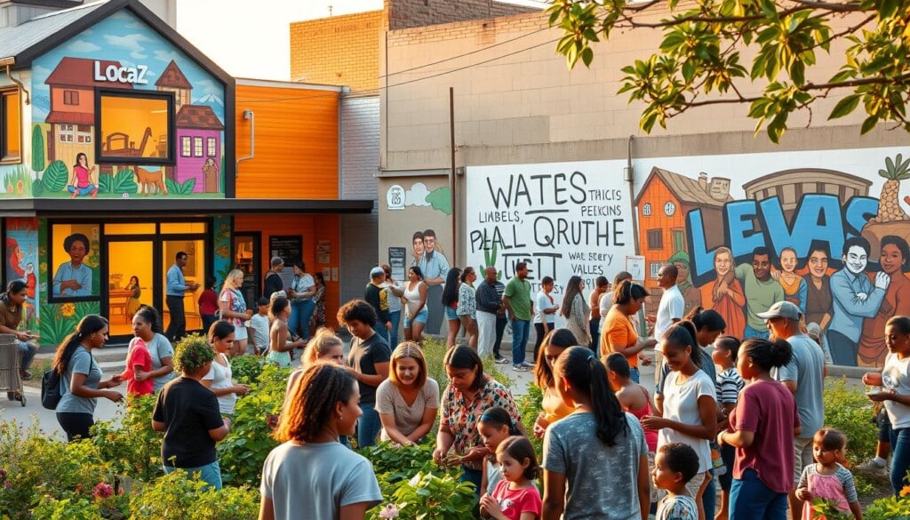 A vibrant community center stands in the heart of the city, its facade adorned with vibrant murals depicting local life. In the foreground, a diverse group of neighbors gather, chatting and laughing as they work together on a garden project, their faces filled with a sense of pride and purpose. The middle ground showcases a bustling activity space, where children play and learn, while adults attend workshops and classes. In the background, a mural-covered wall depicts the shared history and values of the LocalZ community, a tapestry of cultures and stories woven together. Warm, golden lighting illuminates the scene, creating a welcoming and inclusive atmosphere that reflects the community's commitment to supporting and empowering its members.