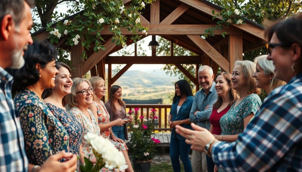 A vibrant community connection in a serene countryside setting. In the foreground, a group of people of diverse ages and backgrounds engage in lively conversation, their faces alight with warm smiles. The middle ground features an inviting gazebo, its wooden structure contrasted by lush greenery and flowering plants. Soft, natural lighting filters through the trees, casting a cozy, welcoming ambiance. In the background, rolling hills and a distant horizon create a sense of peaceful tranquility. The scene exudes a feeling of togetherness, camaraderie, and a genuine connection within the LocalZ community.