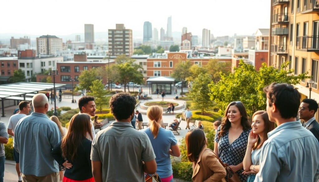 A vibrant, community-focused scene highlighting LocalZ's commitment to supporting their local area. In the foreground, a group of diverse individuals are gathered, engaged in lively discussion and collaboration. The middle ground showcases a well-maintained public space, with benches, trees, and a central focal point such as a community center or gathering area. The background depicts the bustling cityscape, with a mix of modern and historic architecture, conveying a sense of a thriving, connected neighborhood. The lighting is warm and inviting, with a soft, golden glow casting a welcoming atmosphere. The overall composition emphasizes the company's dedication to enriching the lives of its local community members.