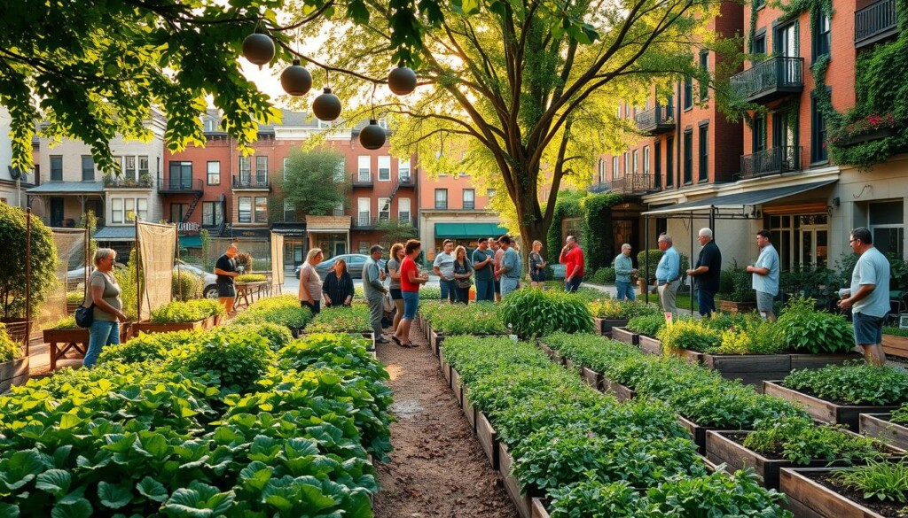 A vibrant community garden in a bustling urban setting. Rows of neatly tended vegetable beds and lush green foliage fill the foreground, with people of all ages tending to their plants. In the middle ground, a group of neighbors chatting animatedly, sharing gardening tips and swapping produce. The background features a mix of residential buildings and small businesses, their facades softened by the presence of climbing vines and potted flowers. Warm, diffused sunlight filters through the canopy of trees, casting a gentle glow over the entire scene. The overall atmosphere is one of connection, collaboration, and a shared passion for cultivating a thriving local food ecosystem.