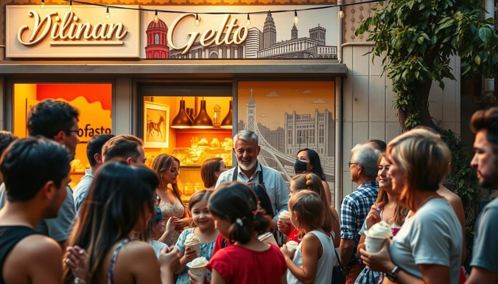 A vibrant community gathering around a charming gelato shop, its inviting storefront bathed in warm, golden light. In the foreground, customers of all ages savor creamy scoops, engaged in lively conversations. The middle ground showcases the shop's owner proudly interacting with patrons, sharing the stories behind the unique flavors. In the background, a mural depicting local landmarks adds a sense of place, while string lights overhead create a cozy, festive atmosphere. The scene exudes a palpable sense of connection, highlighting how this gelato experience brings people together and fosters a strong, supportive community.