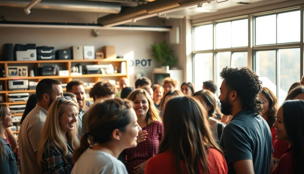 A vibrant community gathering, bathed in warm lighting and a sense of togetherness. In the foreground, a diverse group of people engage in lively conversation, their faces animated with smiles and laughter. The middle ground features shelves stocked with various electronics and gadgets, hinting at the store's wares. In the background, large windows let in natural light, casting a soft glow over the scene and creating an inviting atmosphere. The overall mood conveys the importance of human connection, highlighting how a community-focused computer store can foster meaningful interactions and a sense of belonging.