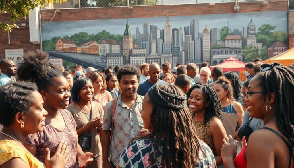 A vibrant community gathering, filled with diverse individuals engaged in lively discussions and collaborative activities. In the foreground, a group of residents animatedly exchanging ideas, their expressions reflecting a sense of empowerment and connection. The middle ground showcases various initiatives, such as a community garden, a youth-led art installation, and a bustling local market, all highlighting the diverse ways in which the LocalZ community comes together to create positive change. The background features a mural depicting the iconic landmarks of the city, a testament to the community's pride and sense of place. Warm, natural lighting casts a welcoming glow, and the composition is framed by a wide-angle lens to capture the energy and scale of the scene.