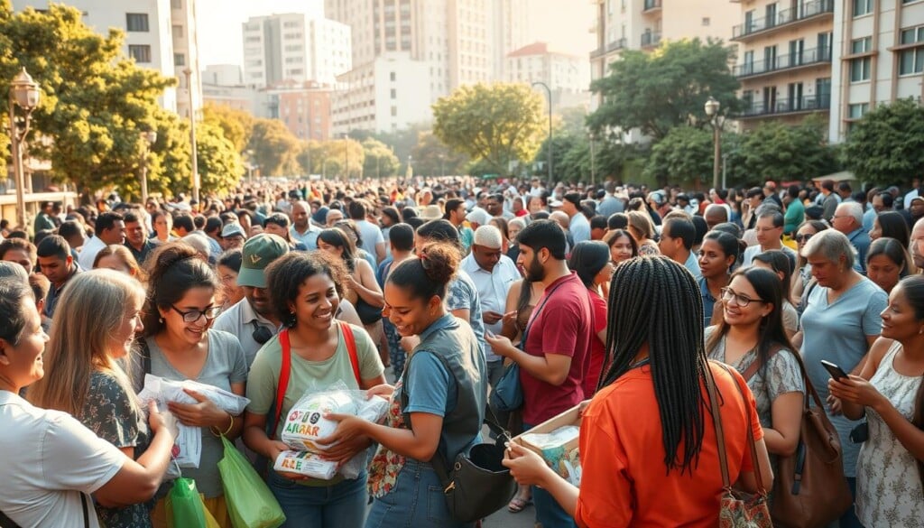 A vibrant community gathering in a bustling city square, people of diverse backgrounds embracing and supporting one another. In the foreground, a group of volunteers distribute supplies and offer aid to those in need, their expressions warm and compassionate. The middle ground features a lively mix of residents, young and old, discussing plans and exchanging ideas, their body language conveying a sense of unity and purpose. In the background, towering buildings and lush greenery create a sense of place, the overall scene illuminated by soft, golden sunlight that bathes the scene in a welcoming glow. The atmosphere radiates a palpable feeling of togetherness, resilience, and a shared commitment to mutual support and understanding.