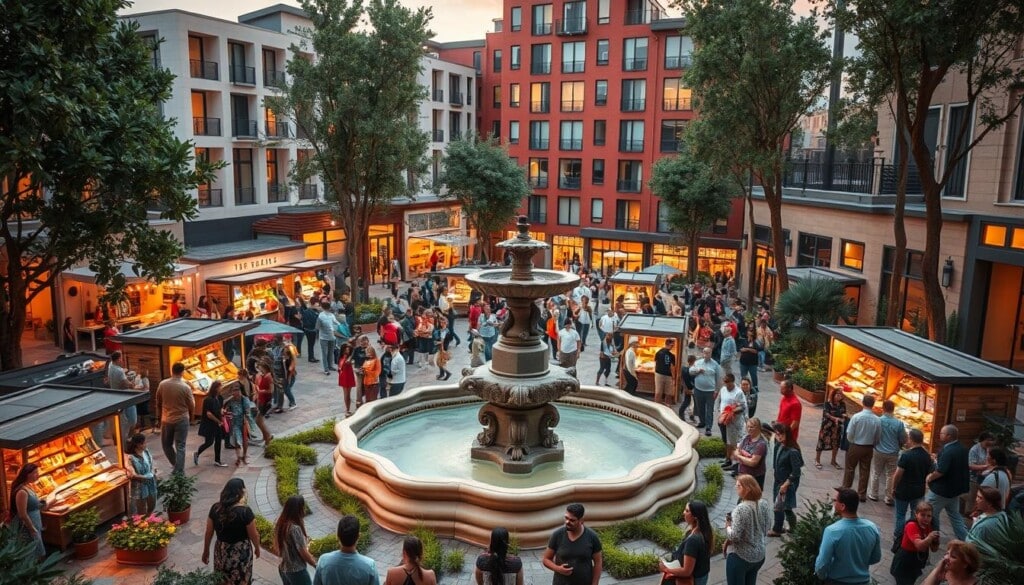 A vibrant community gathering in a bustling town square, the centerpiece a sculpted fountain surrounded by lush greenery. Local artisans showcase their handcrafted wares at cozy market stalls, while families and friends mingle amid the lively atmosphere. Soft, warm lighting illuminates the scene, casting a welcoming glow. In the background, modern buildings with bold architectural designs reflect the progressive spirit of the LocalZ initiative, promoting sustainable growth and civic pride. The composition captures a harmonious balance between tradition and innovation, showcasing the power of community engagement to shape a thriving, inclusive environment.